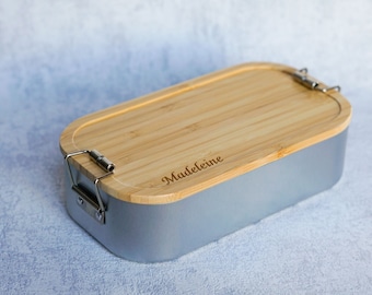 Personalisiert: Tupperbox, Lunchbox aus Weissblech mit Holzdeckel und Namen