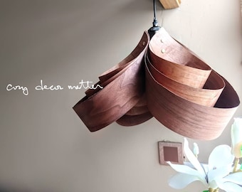 Wood lampshade DIY Kit with leather, macrame or brass, dark brown curved wood veneer chandelier, dining room hanging pedant, ceiling light