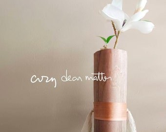 Handmade Wooden Flower Vase Cover, sustainable gift for her, bottle upcycling floral arrangement home decor, slim tall vase brown beige wood