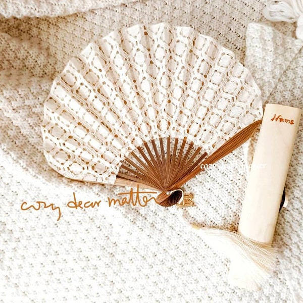 Custom white lace fabric hand fan for bridal shower with name & case, wedding personalize bridesmaid gift favor, cream colour boho luxurious