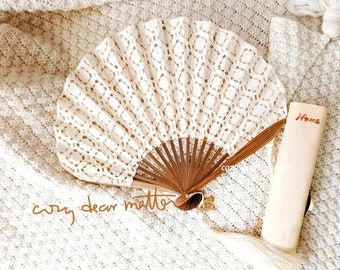 Custom white lace fabric hand fan for bridal shower with name & case, wedding personalize bridesmaid gift favor, cream colour boho luxurious