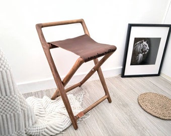Premium Classic Height 45cm/17.7" Genuine Leather Eucalyptus Merbau Folding Stool Walnut Brown-Bedside Chair, Side Table, Collapsible Seat