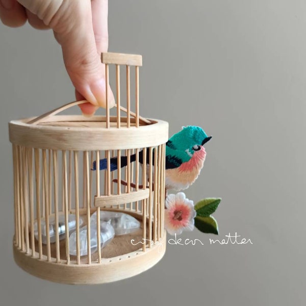 Petite lampe de cage à oiseau avec éclairage en forme d'oeuf dans une suspension en bambou, décoration unique faite main oiseau bleu nature, cadeau pour amoureux des oiseaux pour une maison durable