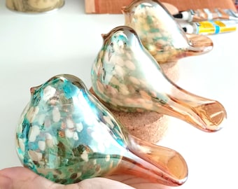 Colourful Art Glass Bird Sculpture on a Nest, Personalize Hand Blown Lamp Decor,Windowsill Bird Pair,  Wedding, Anniversary Paperweight Gift