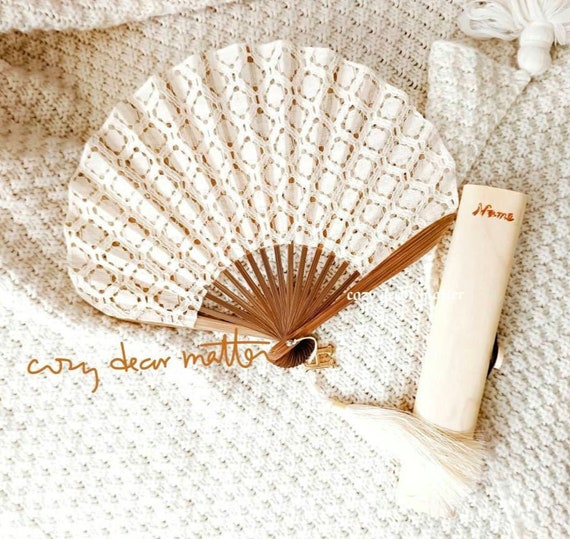 Custom white lace cotton folding hand fan for bridal shower with name & case, luxurious crochet boho wedding personalize bridesmaid gift fav