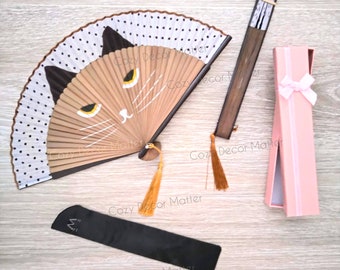 Cat Hand Fan set with tailor bag, Paper fans decor, Japanese paper fans in box, Handheld Folding Fan with case, Cat to gift, Halloween black