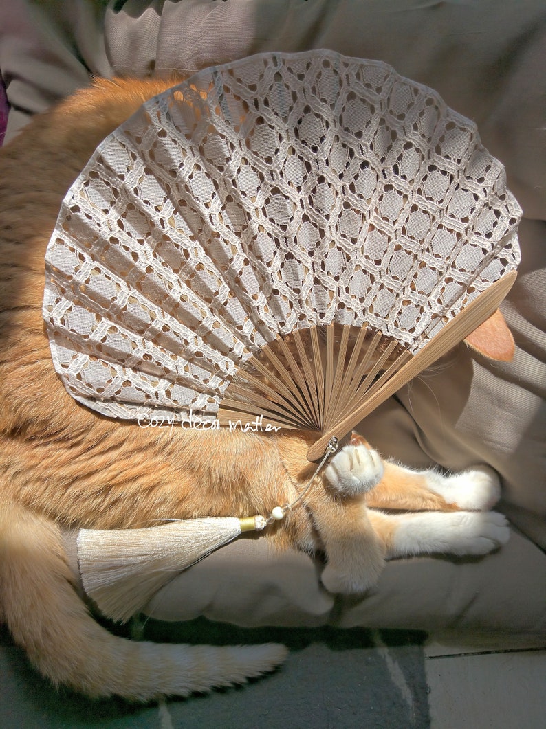 May include: A handheld folding fan featuring a beige lace canopy with a geometric pattern, light brown wooden ribs, and a long beige tassel with a small white bead. The text "Cozy deco matter" is printed in white on the fan's wooden ribs.