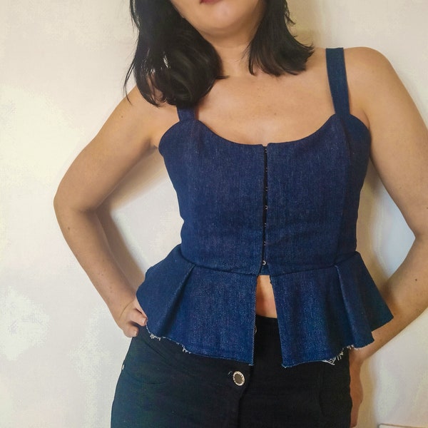 Corset bustier Aretha top jeans bleu brut à baleines rigides et basque pli plat femme Taille 38