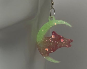 Moon Wolf dangle drop resin earrings handmade pride statement jewellery animal howl canine halloween gift witch gothic