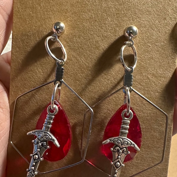 Vampire Astarion blood drip dagger stud d20 dice roll dnd metal earrings D&D baldurs gate statement halloween bite pale elf bg3 themed