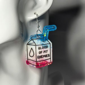 Blood of my enemies milk juice carton drop dangle earrings Resin Handmade pride vampire pale elf dnd statement jewellery halloween gift flag