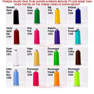 May include: A chart of thread spools with color names and numbers. The colors include emerald black, kelly green, egg yolk, brilliant blue, candy apple red, deep pink, majestic purple, green turquoise, super white, vegas gold, fluorescent green, irish coffee, little boy blue, fluorescent pink, fluorescent orange, and fluorescent green.