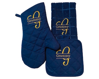 Personalized Kitchen Set, Oven Mitt Pot Holder Kitchen Towel Set, Personalized Embroidered, Valentines Gift Set, Monogrammed Gift Set,