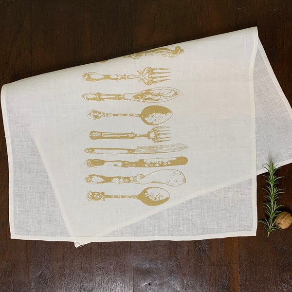 Leinen Geschirrtuch oder Tischläufer historisches Besteck, edler Handsiebdruck in Gold, weißes 100% Leinen, nachhaltig und hitzefixiert