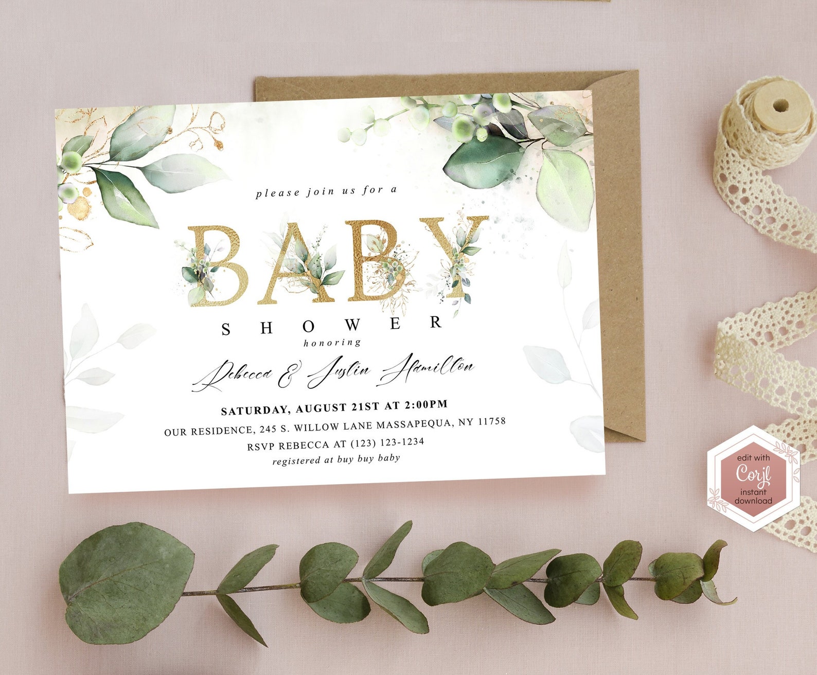 Bohemian Baby Shower Invitation Sage Green and Gold Gender Etsy