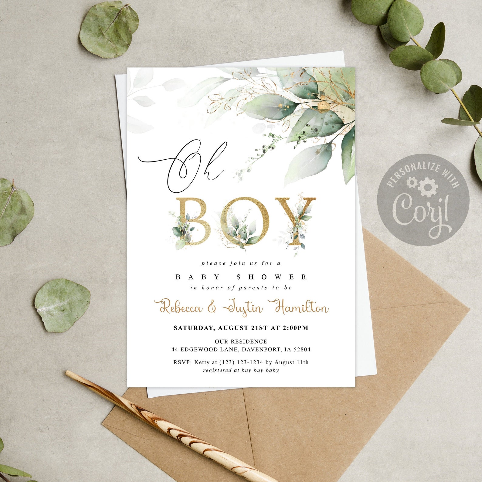 Greenery Baby Shower Invitation Oh Boy Classic Baby Shower | Etsy