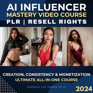 Op de afbeelding: Een blauwe en gele afbeelding met de tekst "AI Influencer Mastery Video Course PLR | Resell Rights" bovenaan. De tekst "Creation, Consistency & Monetization Ultimate All-in-One Course" staat in het midden van de afbeelding. De tekst "Harness the Power of AI" staat linksonder in de afbeelding. De tekst "2024" staat rechtsonder in de afbeelding. Drie vrouwen zijn te zien op de afbeelding. De vrouw links draagt een zwart crop topje en een zwarte broek. De vrouw in het midden draagt een rood tanktopje. De vrouw rechts draagt een donkerrode badpak.