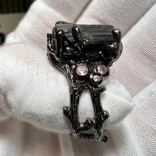 Natural Black Tourmaline Rough Pink Sapphires Black Rhodium Ring size 8.5 - Protection Stone