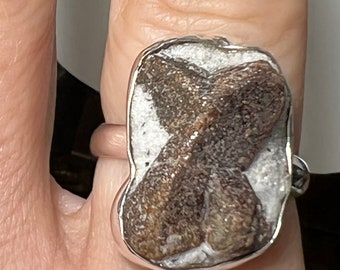 Rare Natural Staurolite Fairy Cross Stone 925 Sterling Silver Ring Size 8.5