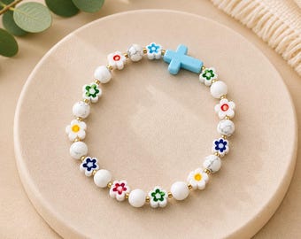 Handcrafted Glass Bead Bracelet with Blue Cross and Floral Accents (7" Stretch)