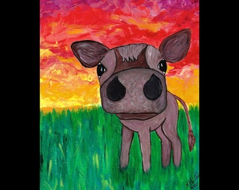 8x10 print of "O'Leary. Because the sky's on Fire", an original work by Lynn Hill.  It features a cow standing under a sky on fire.