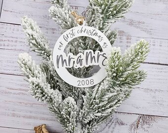 Customized Mr. & Mrs. Wood Engraved Ornament - Personalized Wedding or Christmas Gift for Newlyweds