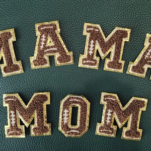 2.5&quot; Football Glitter Letter Patches- Iron On Letter Patch- Fuzzy Chenille Alphabet DIY Patch Varsity Letter- Football Mama- Football Mom