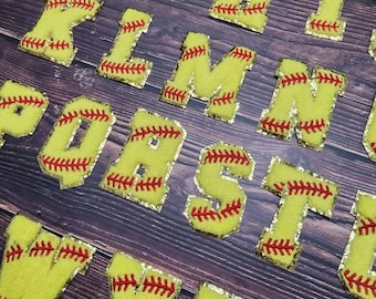 Patchs thermocollants de lettres et de chiffres en chenille scintillants de softball : alphabet universitaire flou à personnaliser soi-même