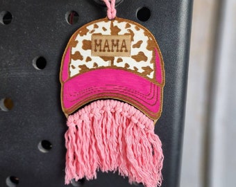 Personalized Cow Print Baseball Cap Bogg Bag Charm - Macrame Car Charm