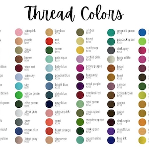 May include: A color chart titled Thread Colors featuring a grid of circular swatches in various hues. Each swatch is labeled with a color name and a corresponding code, such as white N001, black N002, gold N003, and many others in a wide spectrum.