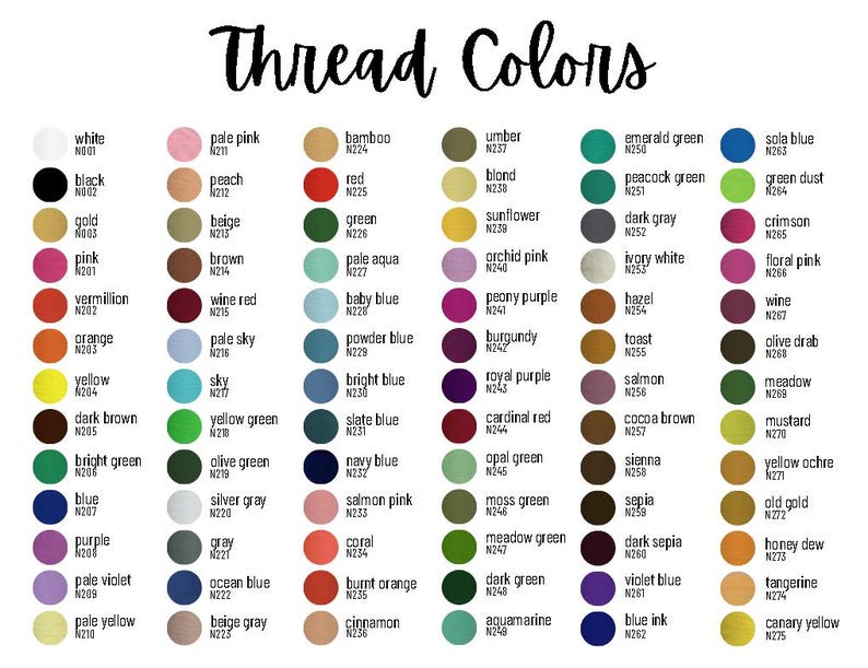 May include: A color chart titled Thread Colors featuring a grid of circular swatches in various hues. Each swatch is labeled with a color name and a corresponding code, such as white N001, black N002, gold N003, and many others in a wide spectrum.