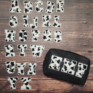 Cow Print Glitter Letter Patches- adhesive Letter Patch- Fuzzy Chenille Alphabet DIY Patch Black Glitter Varsity Letter