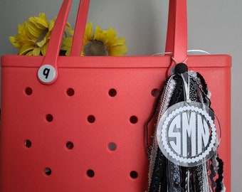 Bogg Bag Tassel/Charm Black, White, Grey monogrammed