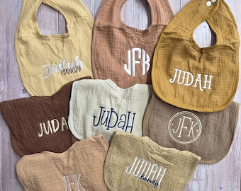 8 Pack Personalized Embroidered Muslin Baby Bibs - Monogrammed Gift Set for Boys and Girls