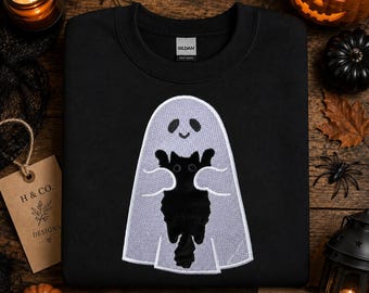 Embroidered Ghost Holding Fuzzy Kitty Sweatshirt, Halloween Crewneck