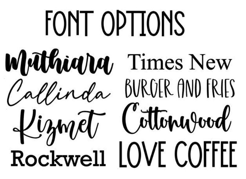 May include: A black and white graphic display titled FONT OPTIONS featuring eight distinct text styles. The list includes the words Muthiara, Callinda, Kizmet, Rockwell, Times New, BURGER AND FRIES, Cottonwood, and LOVE COFFEE in various typefaces.