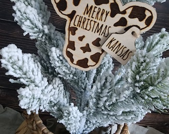 Personalized Cow Print Christmas Ornament – Rustic Birch Wood, 3.5"