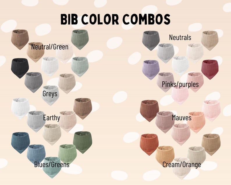 May include: A collection of triangular fabric bibs arranged by color groups labeled BIB COLOR COMBOS, Neutral/Green, Greys, Earthy, Blues/Greens, Neutrals, Pinks/purples, Mauves, and Cream/Orange. The bibs feature a textured, muslin-like fabric.