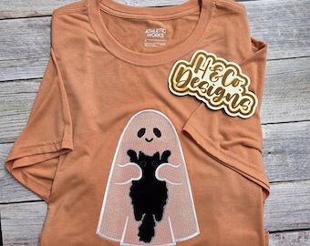 Embroidered Ghost Kitty T-Shirt, Fall Halloween Apparel, Women's Graphic Tee