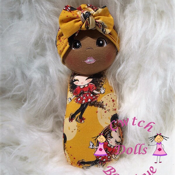 Swaddle doll, handmade soft doll,  Dark De Witte Engel fabric, Turban Hat, Doll with hat, girl's doll, cuddle doll, soft doll, dark doll