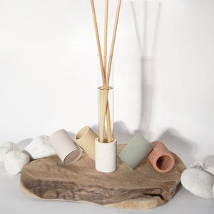 Peut inclure: Un ensemble de cinq petits diffuseurs en céramique cylindriques dans différentes nuances de beige, rose et vert. Les diffuseurs sont disposés sur un plateau en bois avec une bouteille de diffuseur en verre et des bâtonnets en bois au centre.
