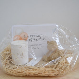 Coffret naissance - plateau personnalisé enfant, bougie naturelle, cartes mois bébé