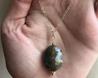 Handmade Oval Shaped Natural Rhyolite Pendant Necklace - Gold Filled Crystal Jewelry - Green Birdseye Rhyolite Gemstone Pendant & Chain