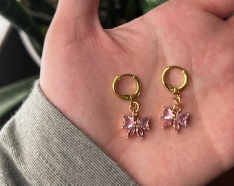 Handmade Dangling Bow Earrings - Dainty Sparkling Holiday Bow Earrings - Colorful Cubic Zirconia Coquette Ribbon Earrings