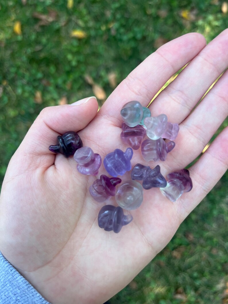 May include: A collection of small, polished fluorite gemstone carvings in various shades of purple, lavender, and clear. The carvings are held in an open hand against a blurred green background. The carvings are shaped like small pumpkins.