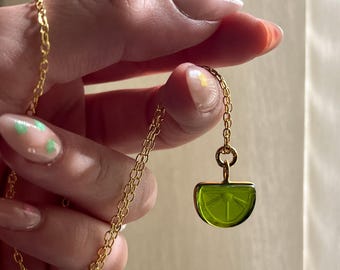 Lime Slice Peridot Pendant With Chain - Gold Vermeil Sterling Peridot Jewelry - Gemstone Crystal Jewelry - Citrus Fruit, Lime Wedge Necklace