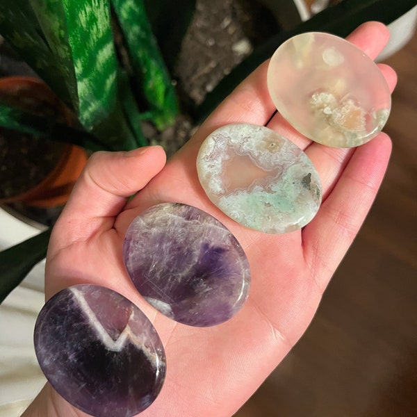 Crystal Gemstone Worry Stone - Palm Stone in Amethyst, Garnet, Flower / Blossom Agate, Tree Agate, Prehnite