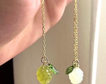 Natural Caved Jade Grape Necklace - Crystal Grapes, Green Jade Grape Bunch Jewelry - Natural Green Jade Gemstone Fruit Charm Pendant & Chain