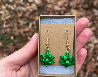 Handmade Dangling Christmas Present Bow Earrings - 3D Ribbon Earrings - Holiday Earrings