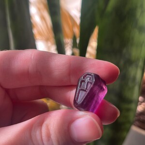 May include: A small, purple crystal carved with a coffin design. The crystal is held in a hand, with a blurred green background. The coffin design is a darker shade, contrasting with the lighter purple of the crystal.